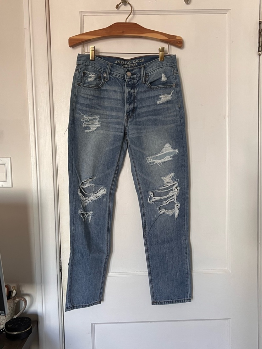 American Eagle Outfitters Blue Distressed Mid Rise Jeans with Patches